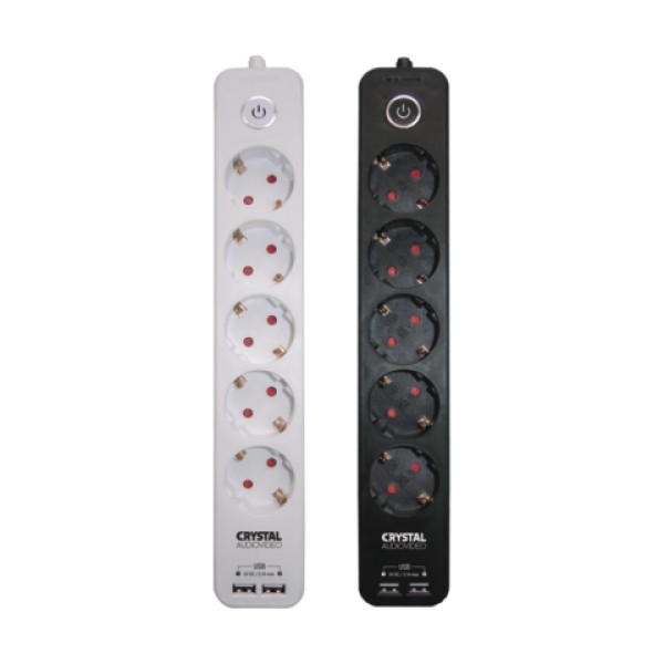 ΠΟΛΥΠΡΙΖΟ 5 ΘΕΣΕΩΝ ΜΕ 2 ΘΥΡΕΣ USB, ΚΑΛΩΔΙΟ & ΔΙΑΚΟΠΤΗ, ΛΕΥΚΟ, CRYSTAL AUDIO (45125)