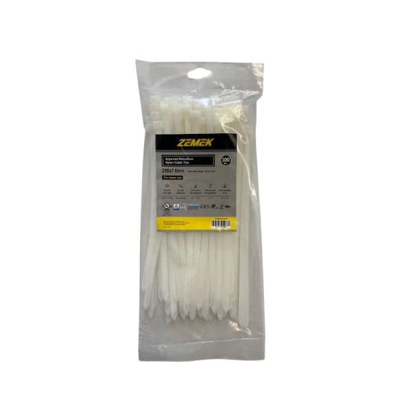 Zemek ZK-HD-250-10-N Δεματικά Καλωδίων 7.6x250mm Λευκά 100ΤΜΧ