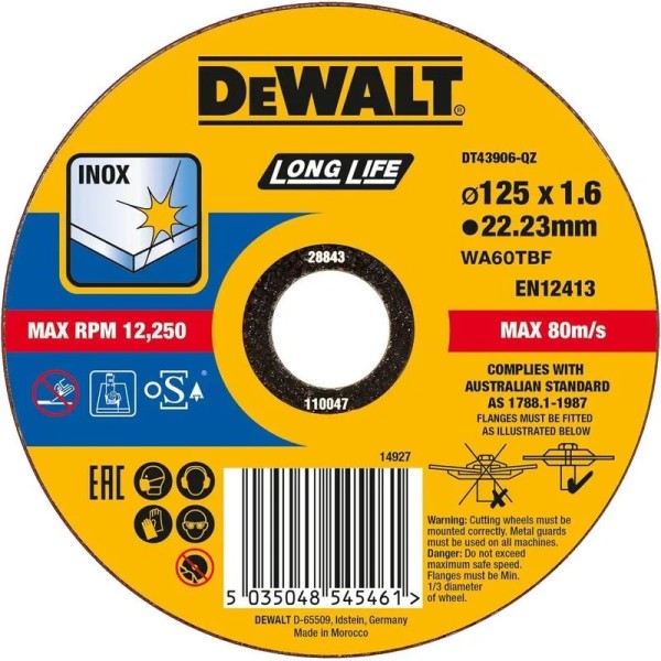 Dewalt DT43906 Δίσκος Ιnox Υψηλών Επιδόσεων 125 x 1.6 Ηλεκτρικά Εργαλεία